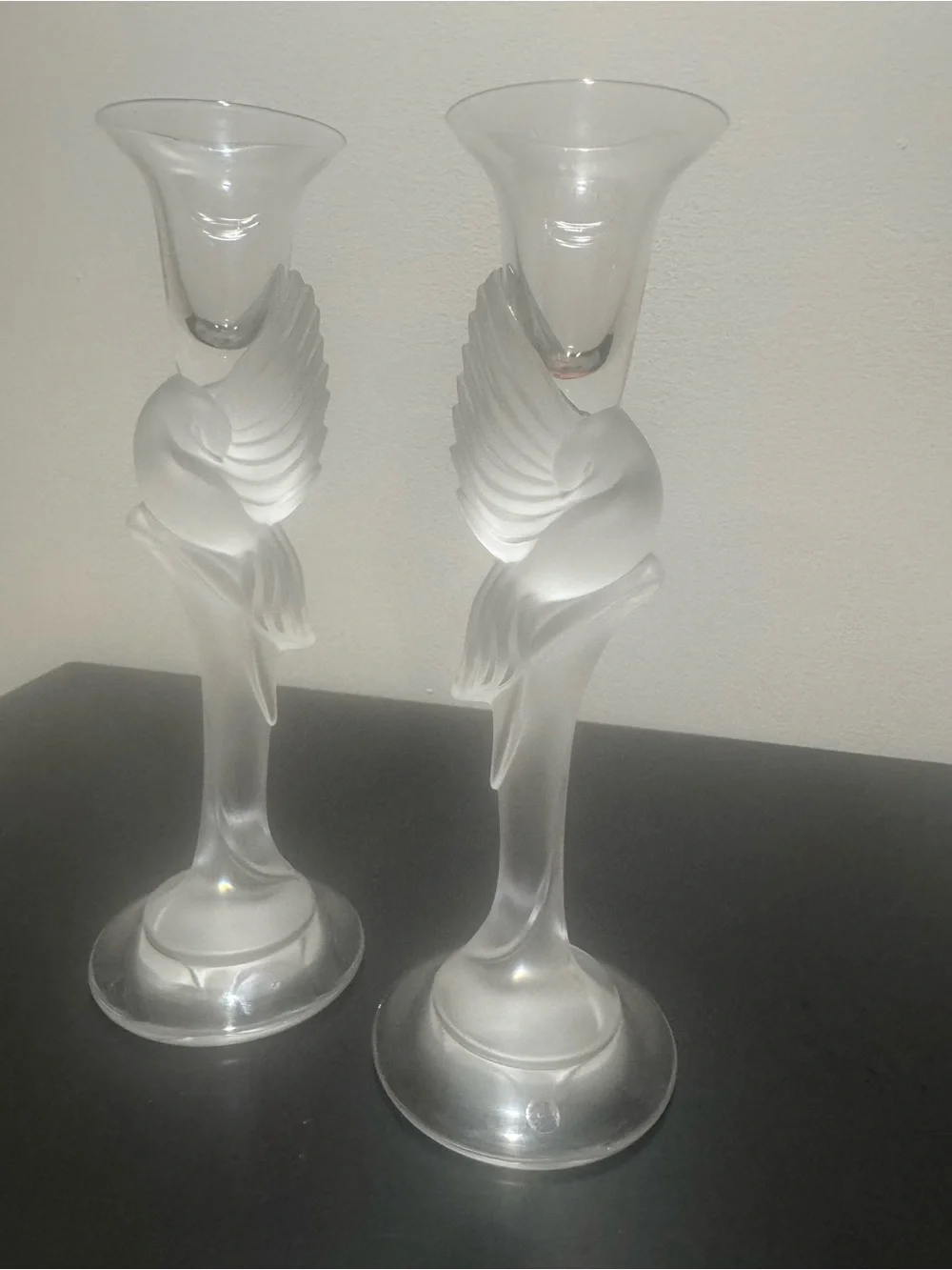 Igor Carl Faberge Snow Dove Crystal Candlesticks Pair Signed France 9”